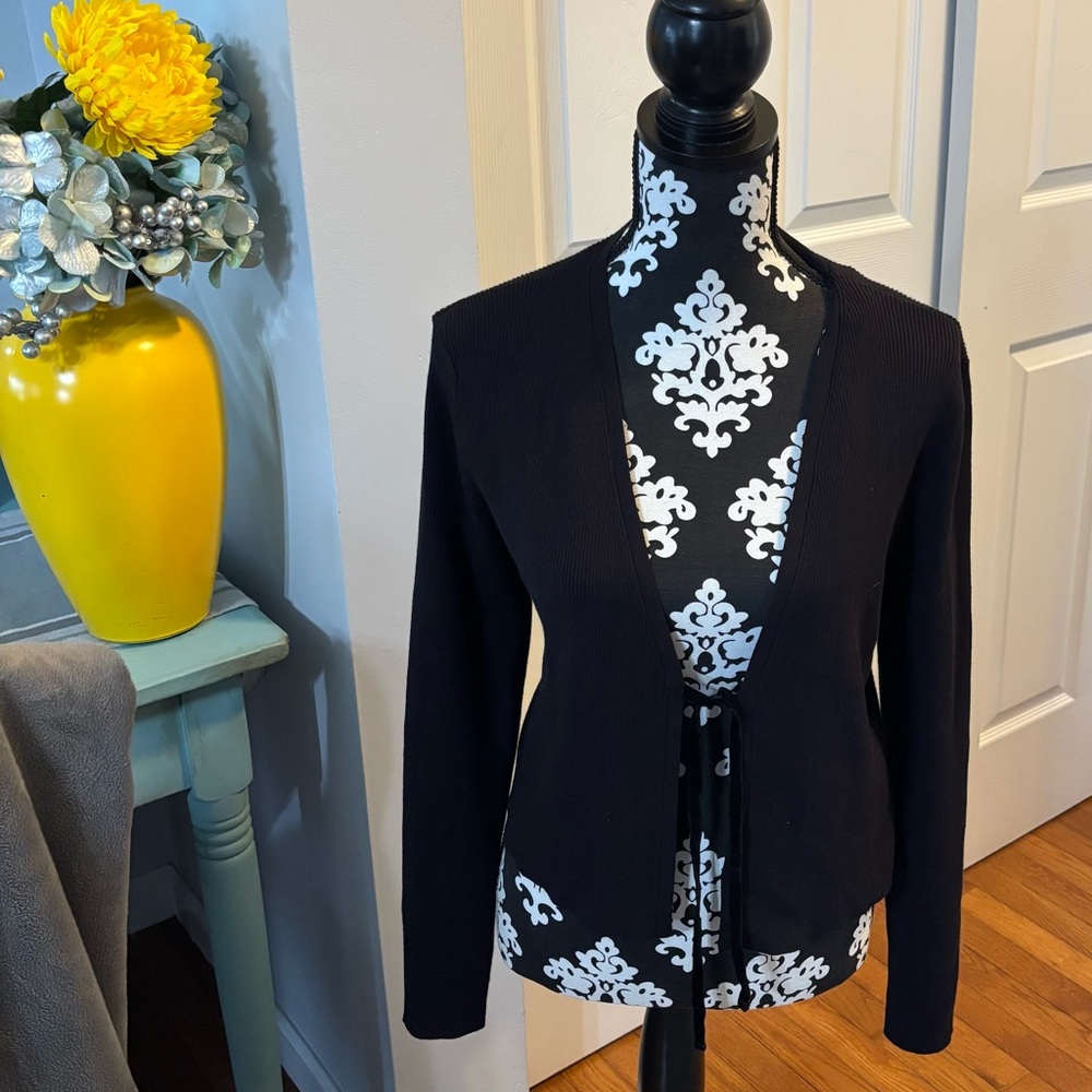 Loft Black Sweater Cardigan Sz Large With Front Tie Closure Ribbed